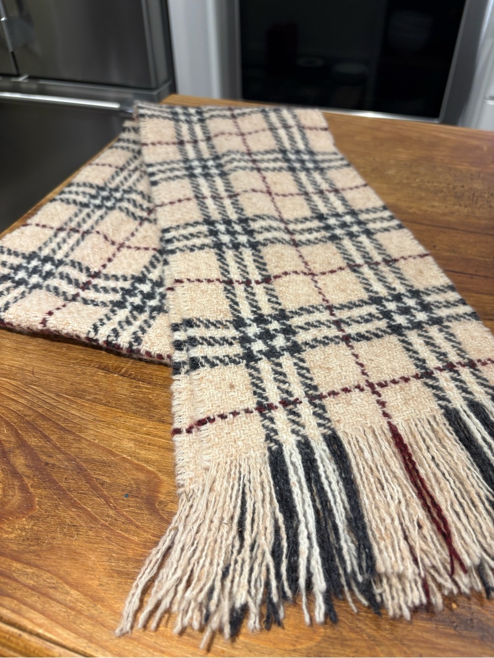 Burberry Plaid Fringe Beige Wool-Blend Home Accent Scarf